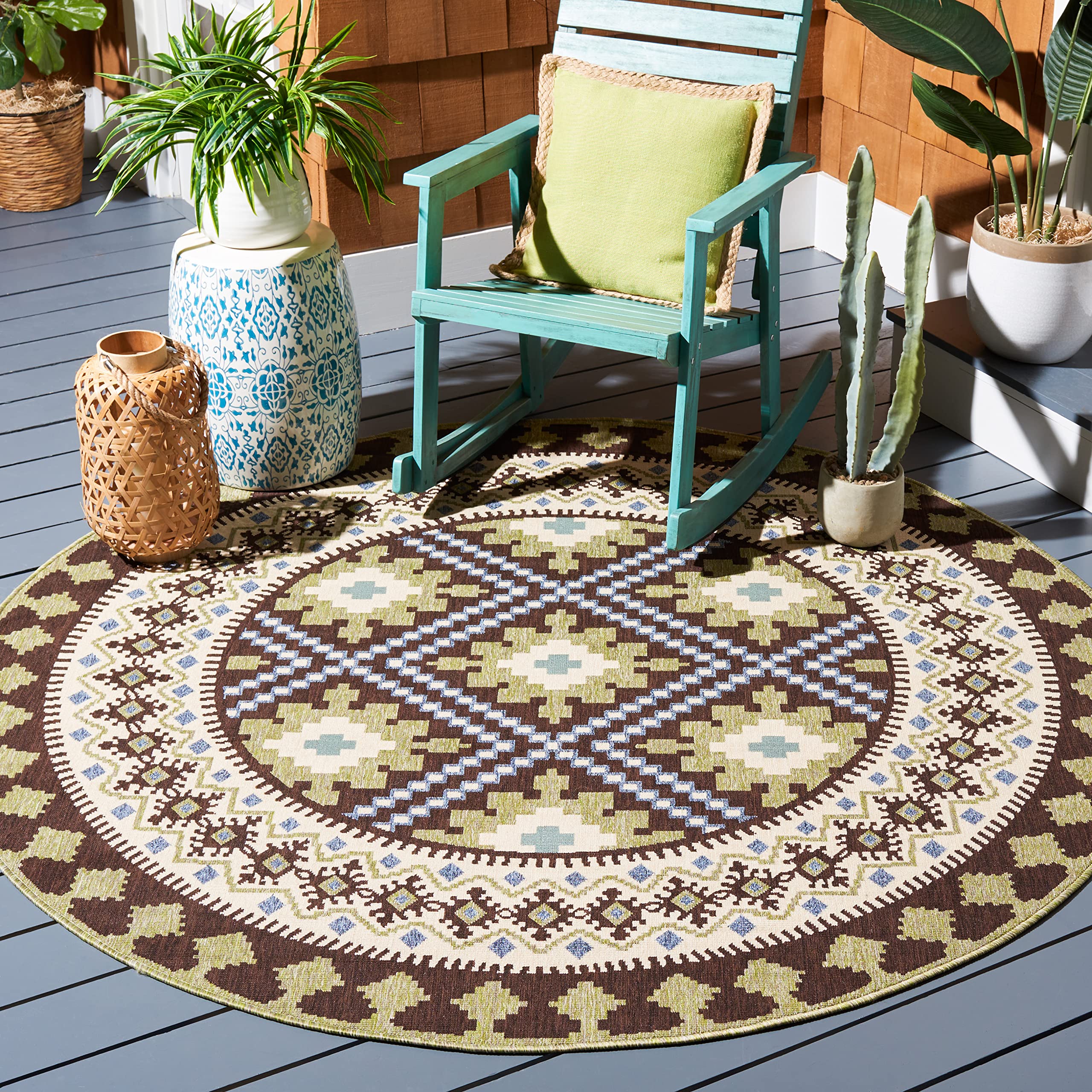 Safavieh Veranda Collection 6'7' Round Chocolate/Green Ver099 Boho Floral Indoor/Outdoor Non-Shedding Easy Cleaning Patio Backyard Porch Deck Mudroom Area Rug